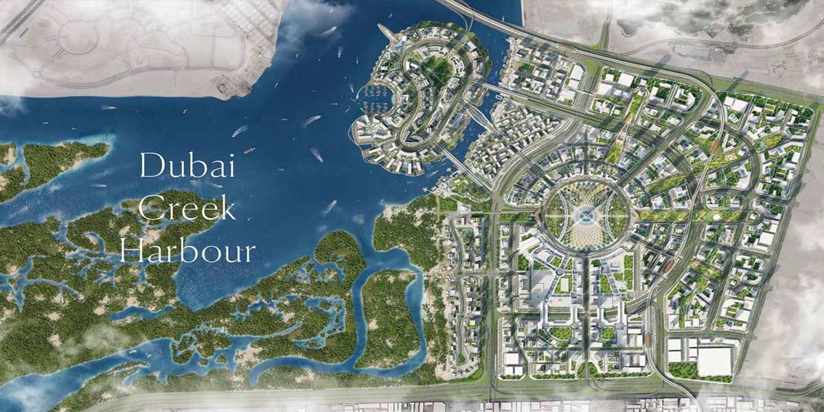 Map illustrating the layout and key landmarks of Dubai Creek Harbour